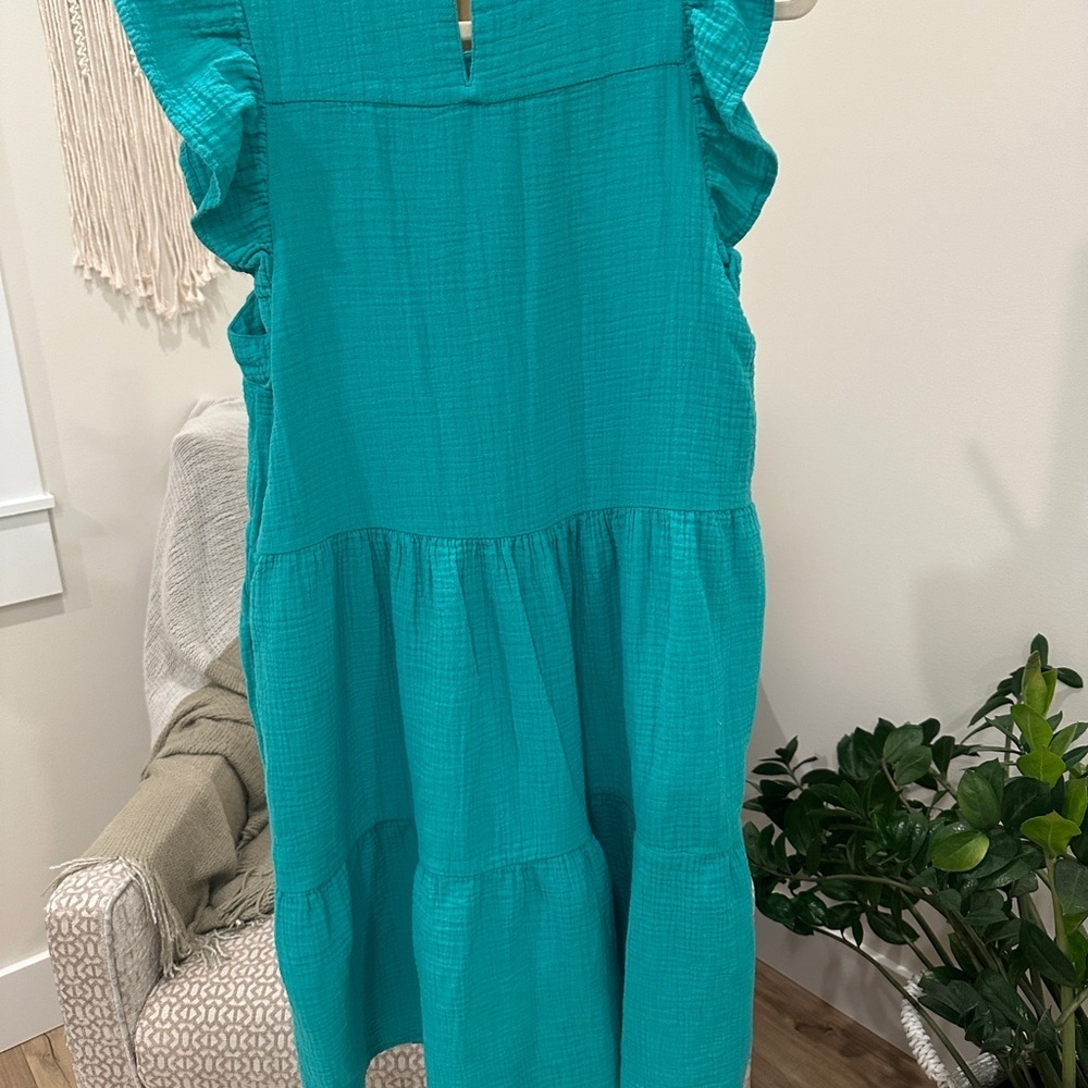 J.Crew Teal Cotton Tiered Dress Flutter Sleeve Size 6 - Picture 3 of 4